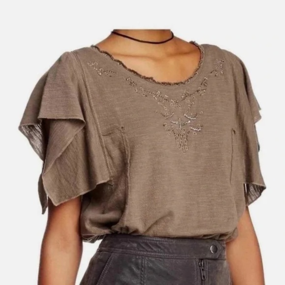 NWT Free People Women's Olive Green Ruffle Sleeve Top Size M - Picture 2 of 5